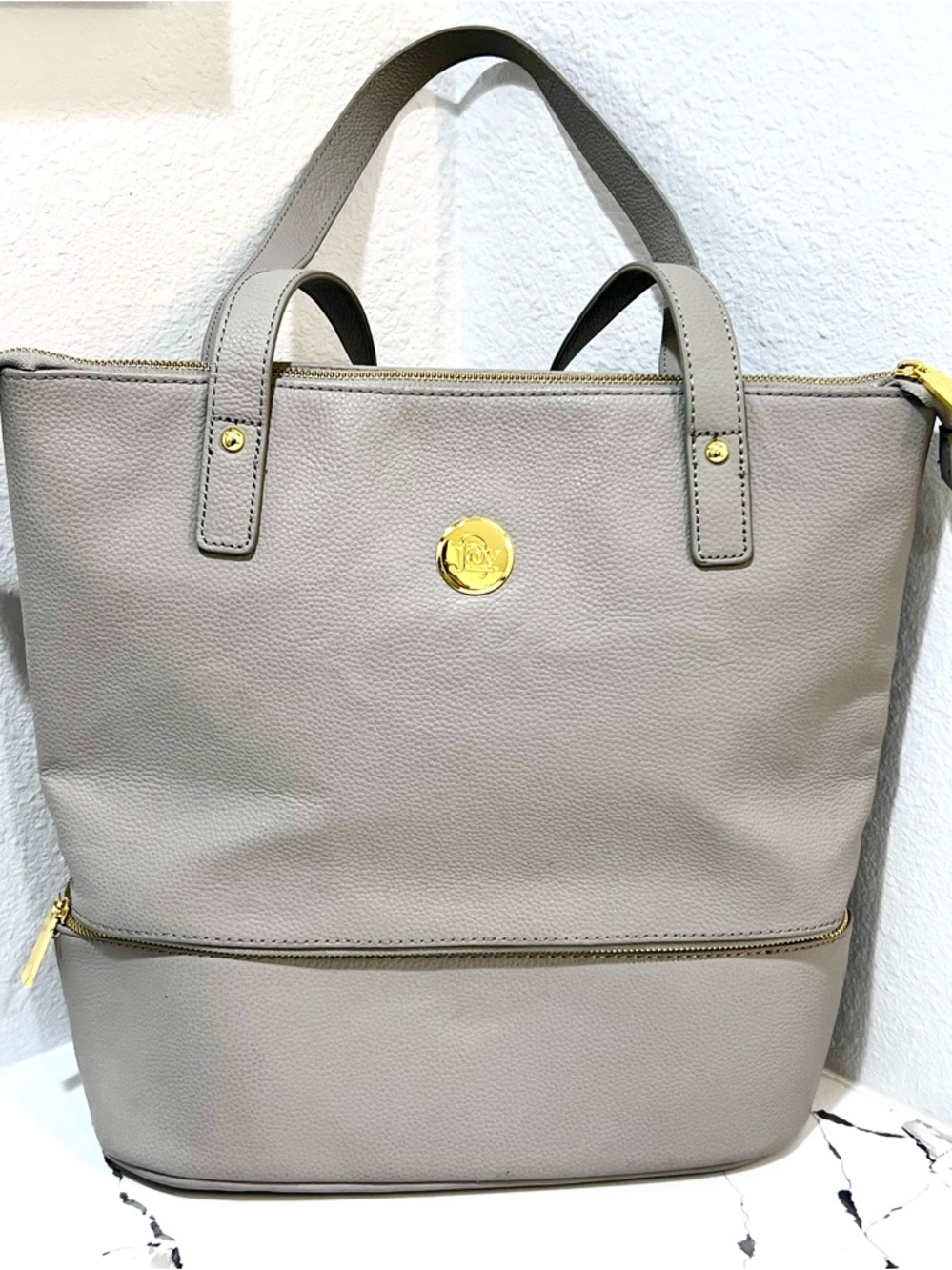 Joy Mangano Double Decker Zip Tote | Grey Structured Work Bag, Gold Hardware